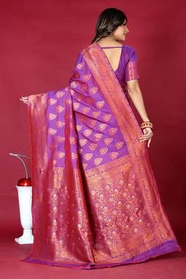 Purple banarasi silk blend saree with copper zari weave 2