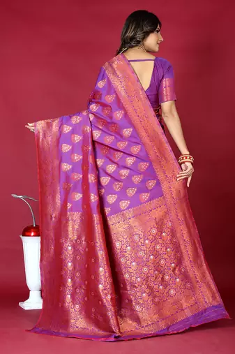 Purple banarasi silk blend saree with copper zari weave