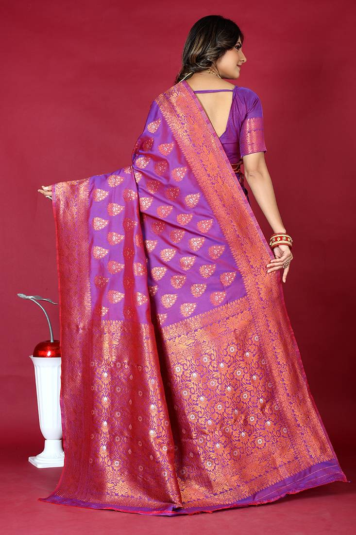 Purple banarasi silk blend saree with copper zari weave