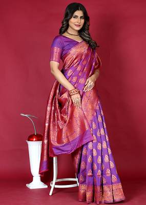 Purple banarasi silk blend saree with copper zari weave 3
