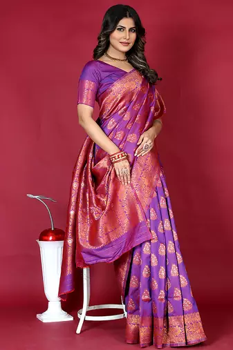 Purple banarasi silk blend saree with copper zari weave