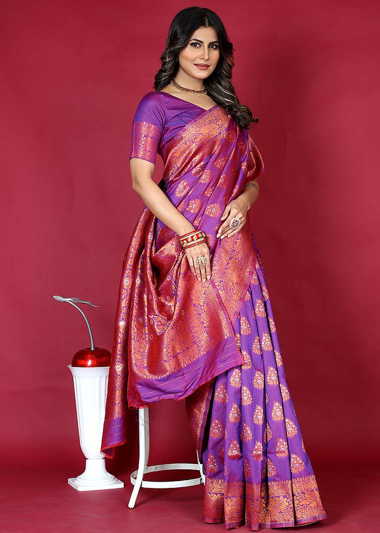 Purple banarasi silk blend saree with copper zari weave