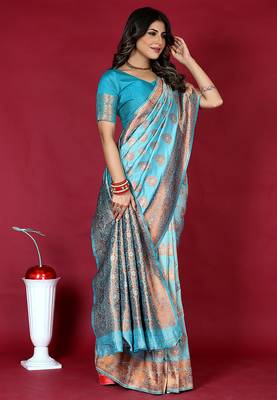 Sky blue banarasi silk blend saree with copper zari weave 1