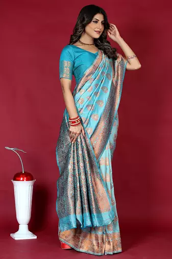 Sky blue banarasi silk blend saree with copper zari weave