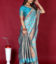 Sky blue banarasi silk blend saree with copper zari weave