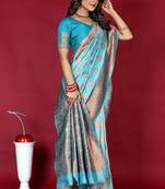 Sky blue banarasi silk blend saree with copper zari weave