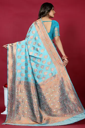 Sky blue banarasi silk blend saree with copper zari weave