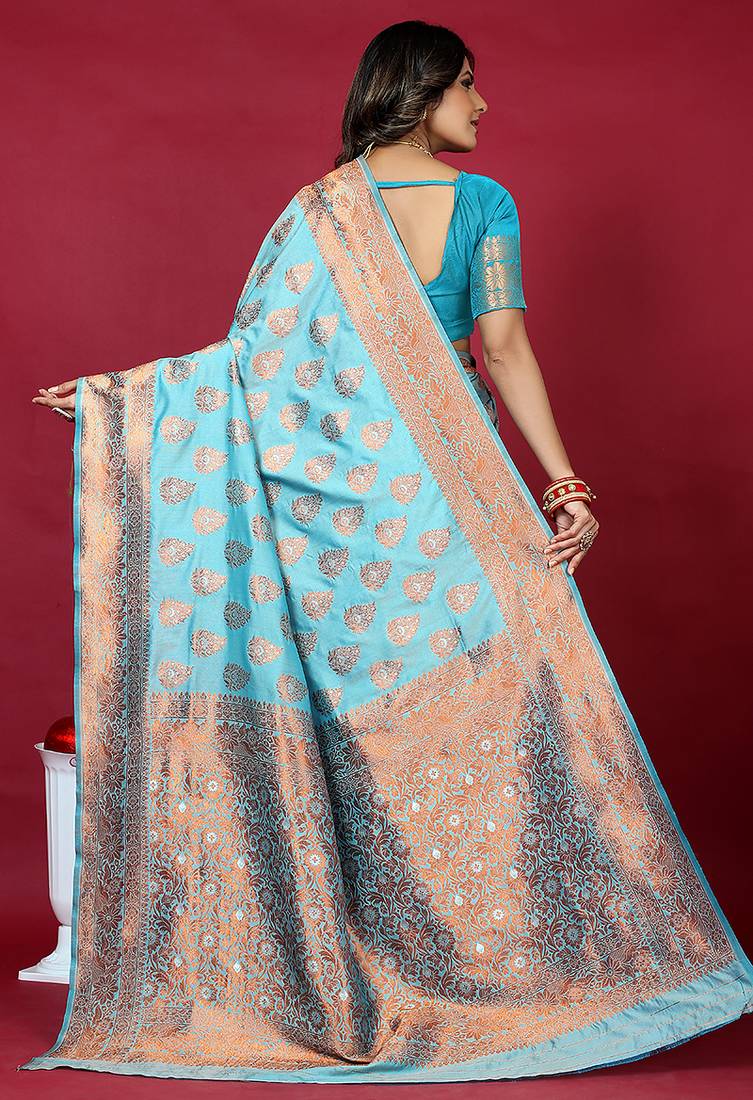 Sky blue banarasi silk blend saree with copper zari weave