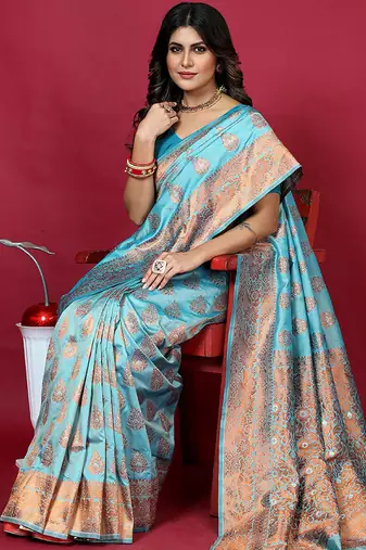 Sky blue banarasi silk blend saree with copper zari weave