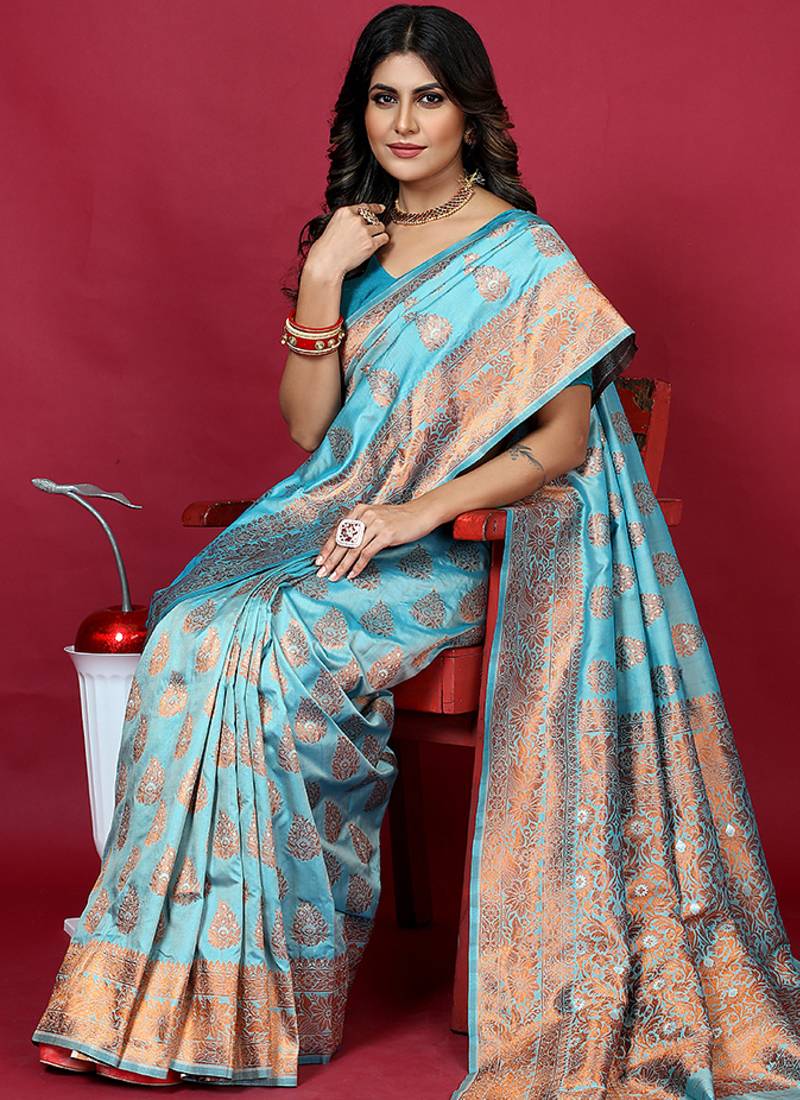 Sky blue banarasi silk blend saree with copper zari weave