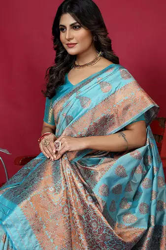 Sky blue banarasi silk blend saree with copper zari weave