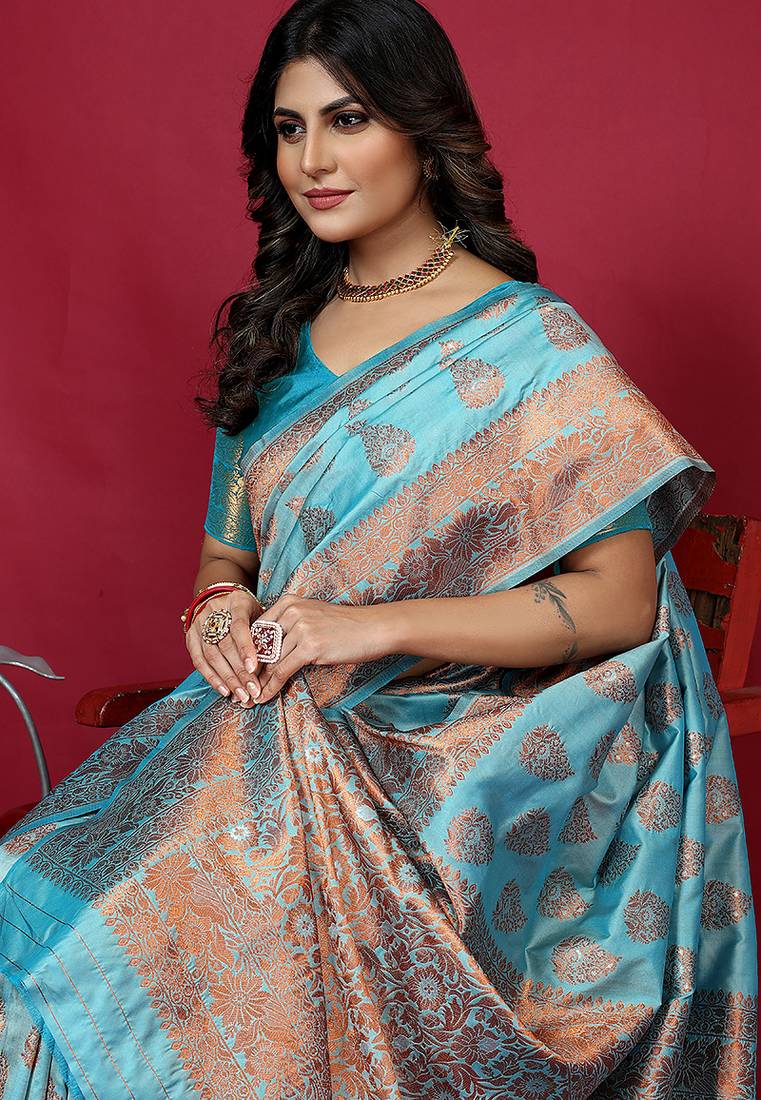 Sky blue banarasi silk blend saree with copper zari weave