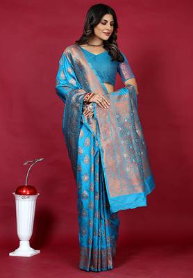 Cyan blue banarasi silk blend saree with copper zari weave 1