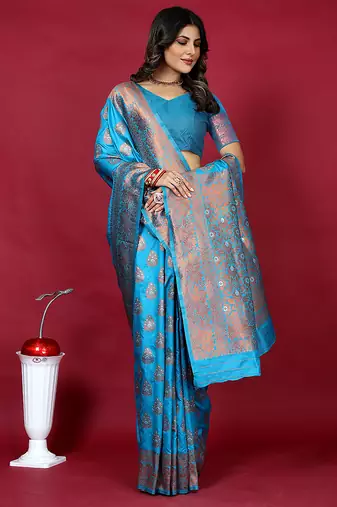 Cyan blue banarasi silk blend saree with copper zari weave