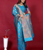 Cyan blue banarasi silk blend saree with copper zari weave