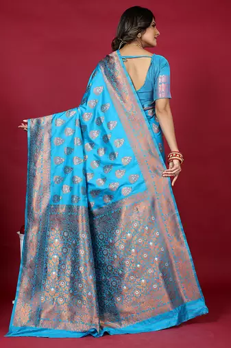 Cyan blue banarasi silk blend saree with copper zari weave