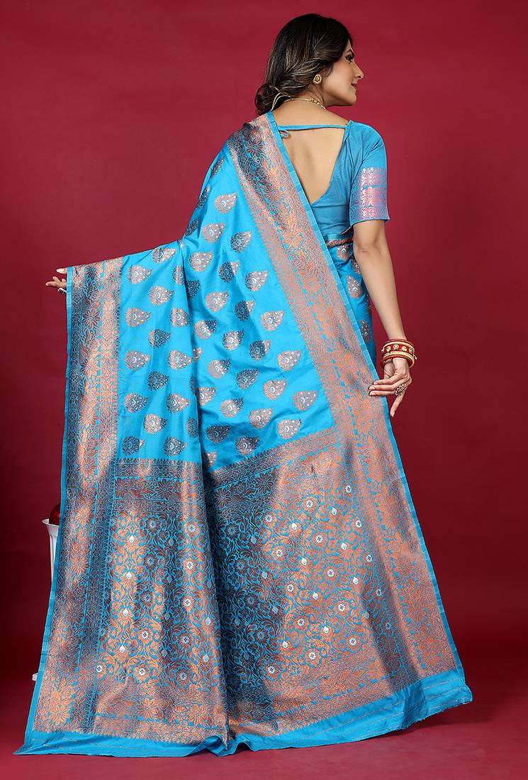 Cyan blue banarasi silk blend saree with copper zari weave