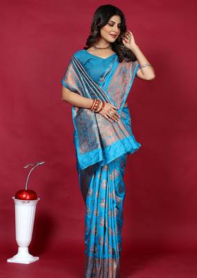 Cyan blue banarasi silk blend saree with copper zari weave 3