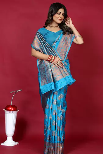 Cyan blue banarasi silk blend saree with copper zari weave