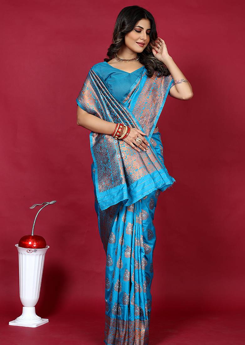 Cyan blue banarasi silk blend saree with copper zari weave