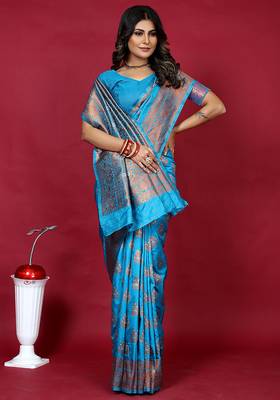 Cyan blue banarasi silk blend saree with copper zari weave 4