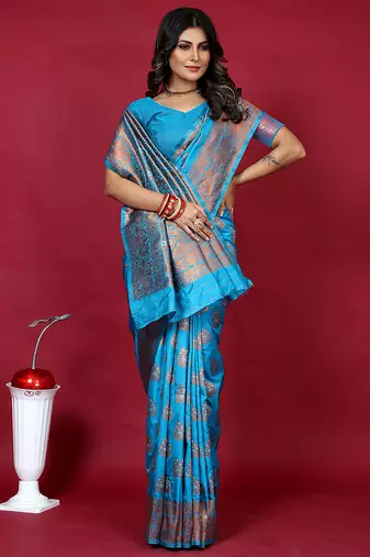 Cyan blue banarasi silk blend saree with copper zari weave