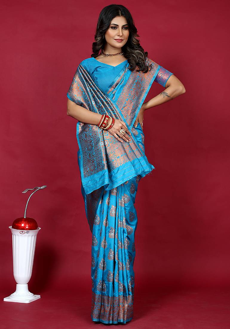 Cyan blue banarasi silk blend saree with copper zari weave