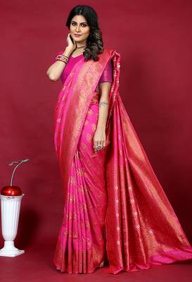 Rani pink banarasi silk blend saree with copper zari weave 1