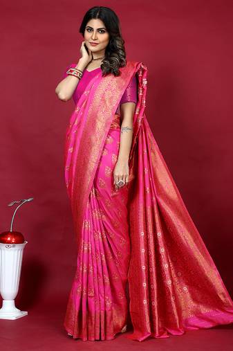 Rani pink banarasi silk blend saree with copper zari weave