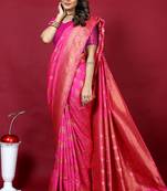 Rani pink banarasi silk blend saree with copper zari weave
