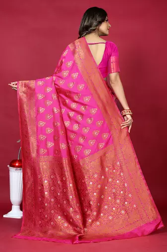 Rani pink banarasi silk blend saree with copper zari weave