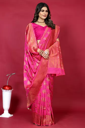 Rani pink banarasi silk blend saree with copper zari weave