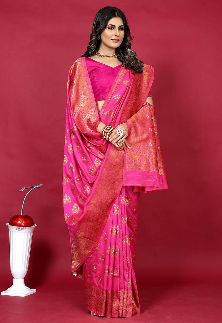 Rani pink banarasi silk blend saree with copper zari weave