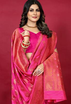 Rani pink banarasi silk blend saree with copper zari weave 4