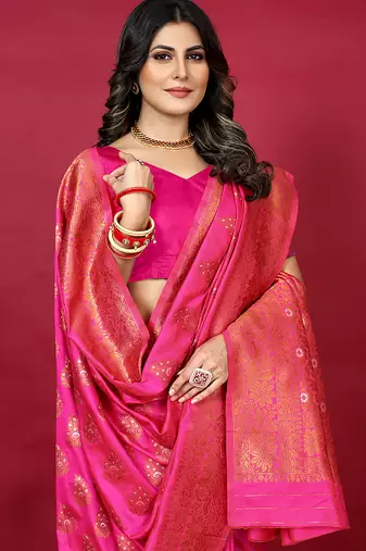 Rani pink banarasi silk blend saree with copper zari weave