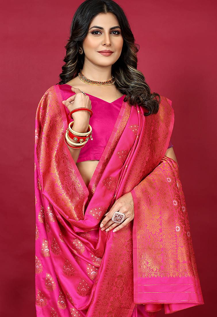 Rani pink banarasi silk blend saree with copper zari weave