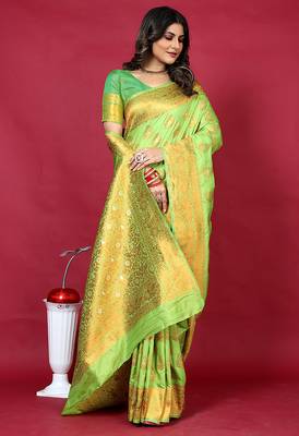 Parrot green banarasi silk blend saree with copper zari weave 1