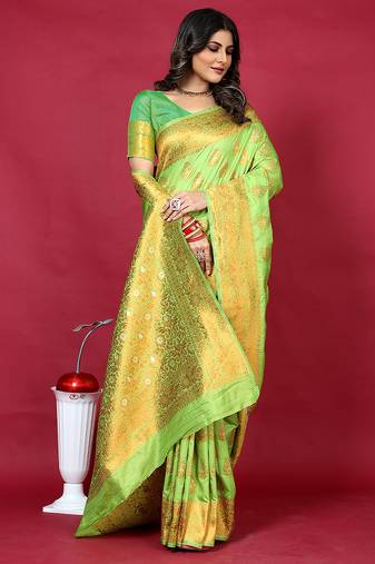 Parrot green banarasi silk blend saree with copper zari weave