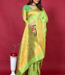 Parrot green banarasi silk blend saree with copper zari weave
