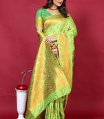 Parrot green banarasi silk blend saree with copper zari weave