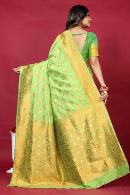 Parrot green banarasi silk blend saree with copper zari weave 2