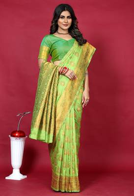 Parrot green banarasi silk blend saree with copper zari weave 3