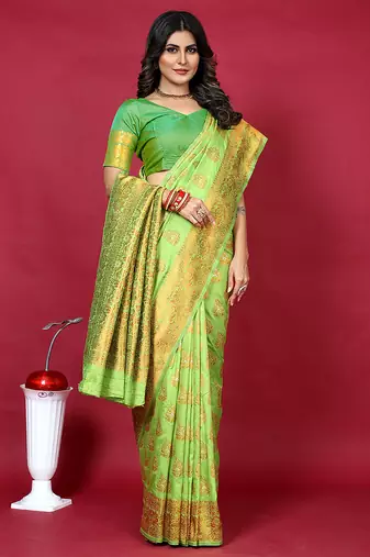 Parrot green banarasi silk blend saree with copper zari weave