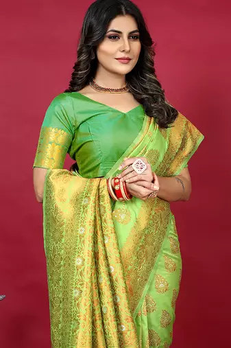 Parrot green banarasi silk blend saree with copper zari weave