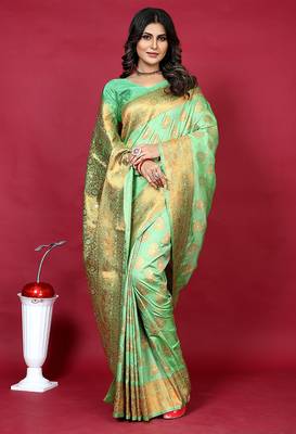 Mint green banarasi silk blend saree with copper zari weave 1