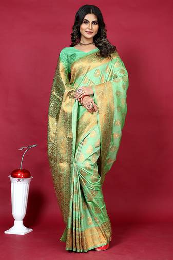Mint green banarasi silk blend saree with copper zari weave