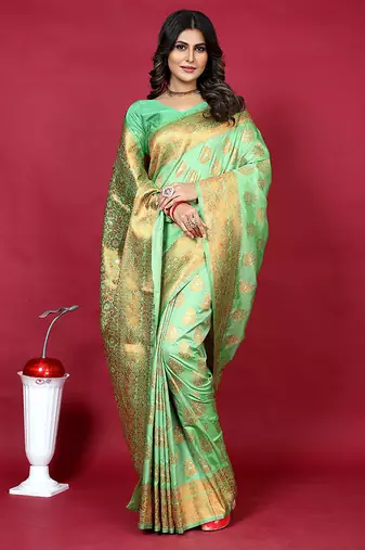 Mint green banarasi silk blend saree with copper zari weave