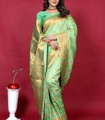 Mint green banarasi silk blend saree with copper zari weave