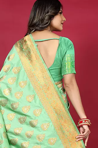 Mint green banarasi silk blend saree with copper zari weave