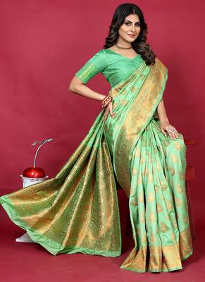 Mint green banarasi silk blend saree with copper zari weave 3